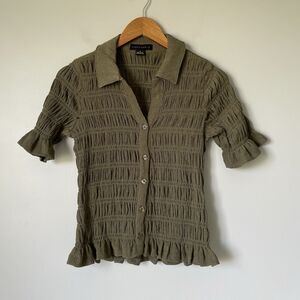 Sanctuary Cottage Core Ruched Button Down Blouse Collar Green Women's Small